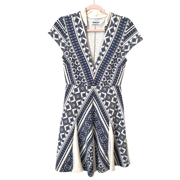 PENCEY Patterned V-Neck Skater Dress Blue Sz 2 - Picture 2 of 6